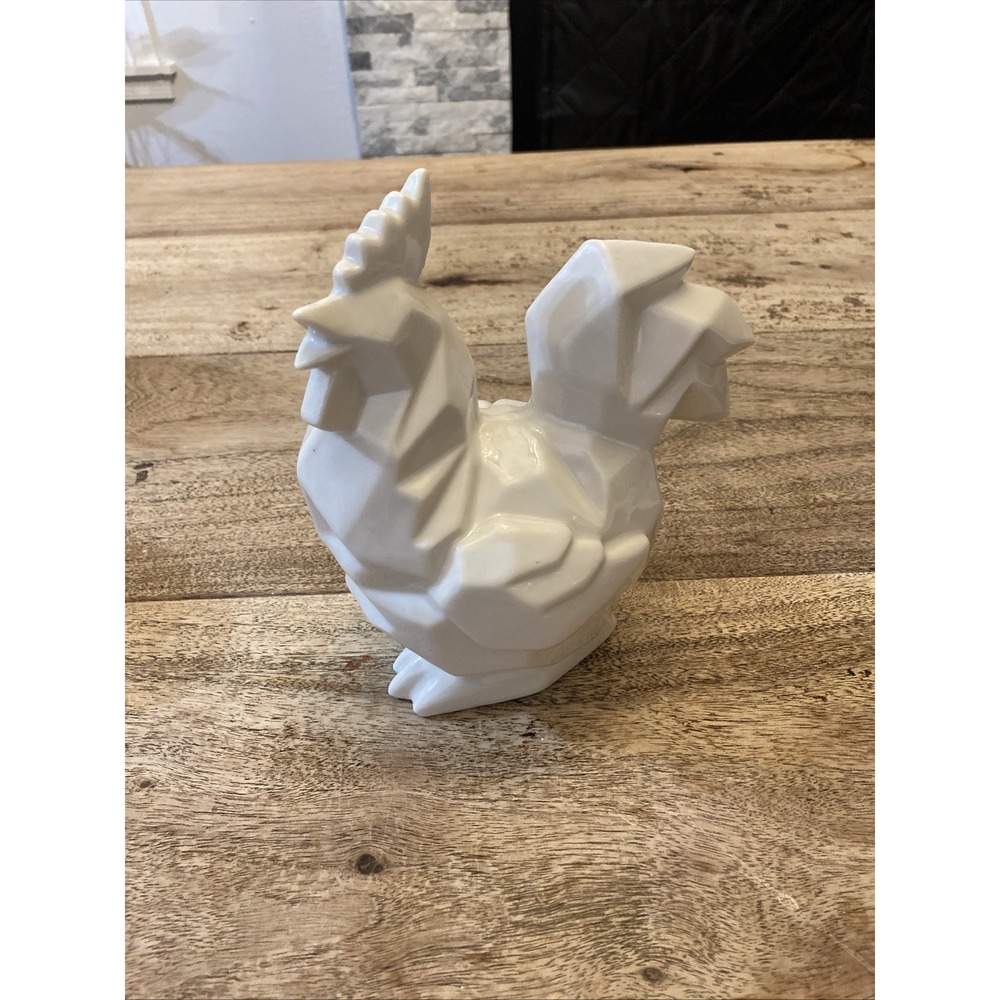 White Ceramic Chicken Rooster Figurine geometric Decorative Collectible Decor